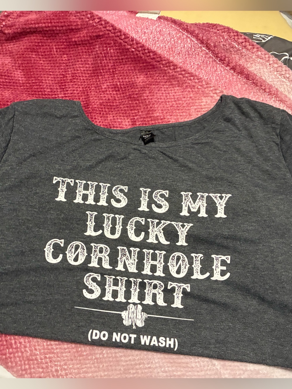 SHEIN Charcoal Gray Graphic Tee "This Is My Lucky Cornhole Shirt"
